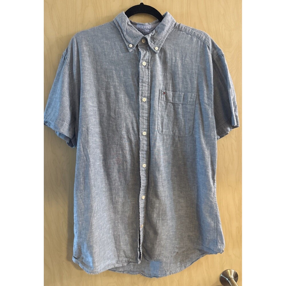 Tommy Hilfiger Men’s Linen Blue Short Sleeve Button Down Regular Fit  Size Xl